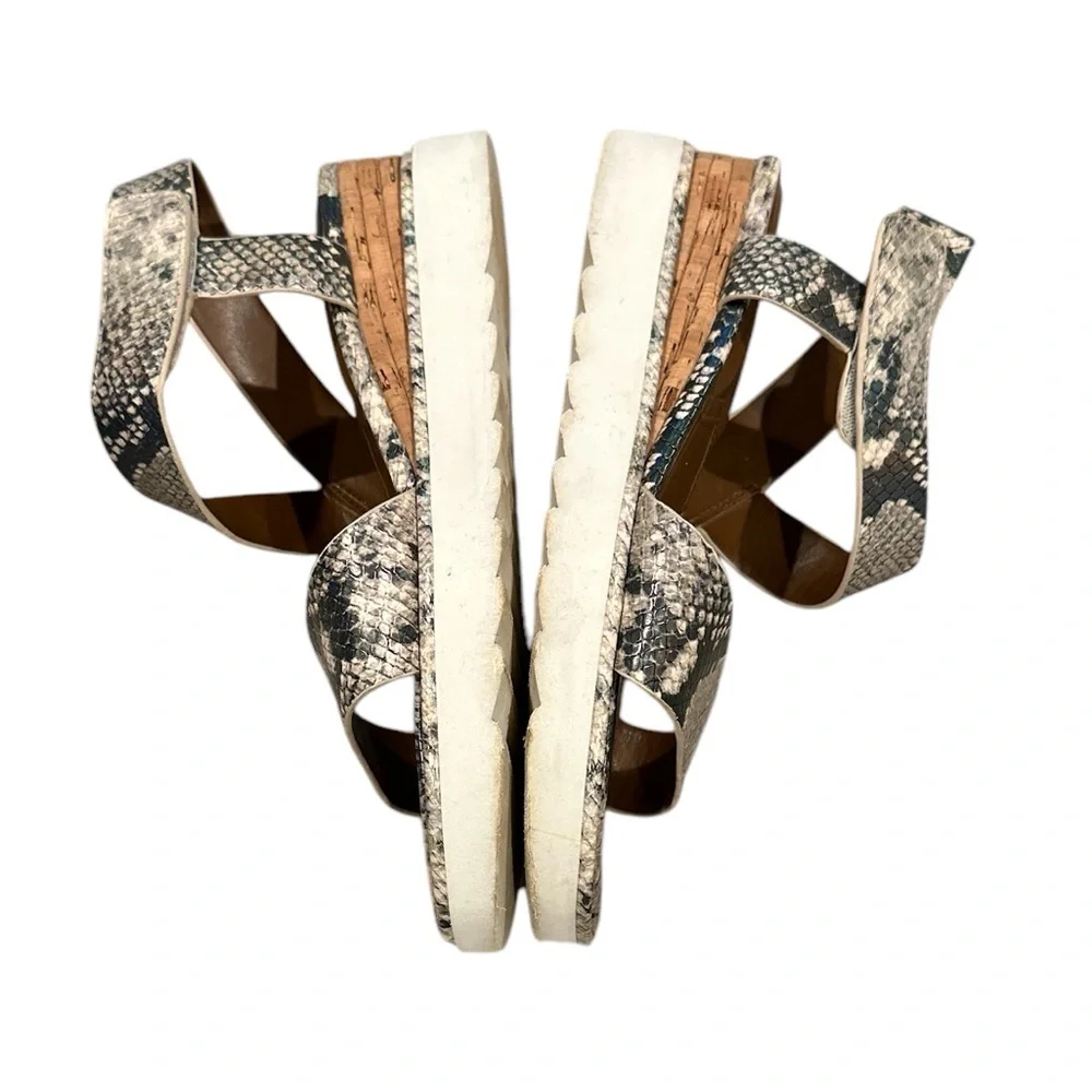 FRANCO SARTO CHIARA Holographic SNAKESKIN PLATFORM GRAY BROWN CORK SANDALS 9